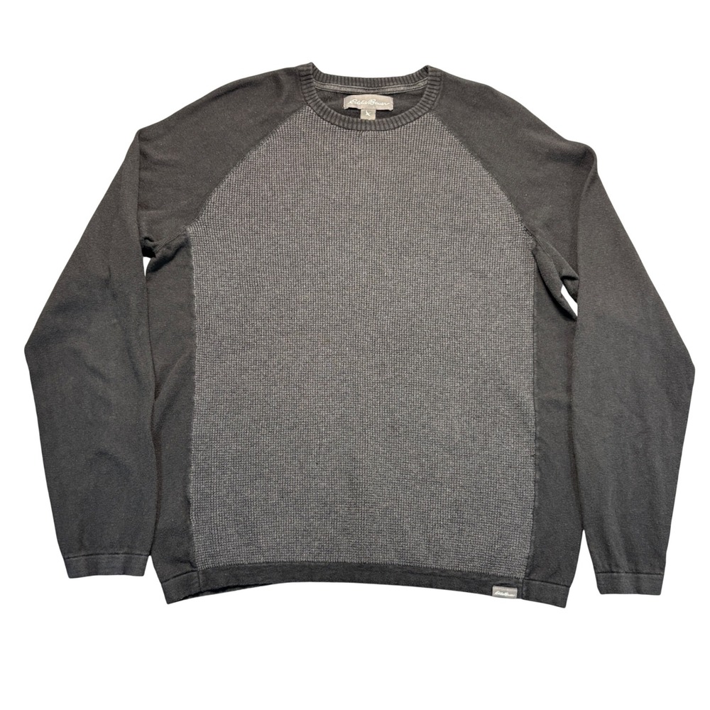 Eddie Bauer Mens Large Gray Waffle Knit Cotton Merino Wool Crewneck Sweater